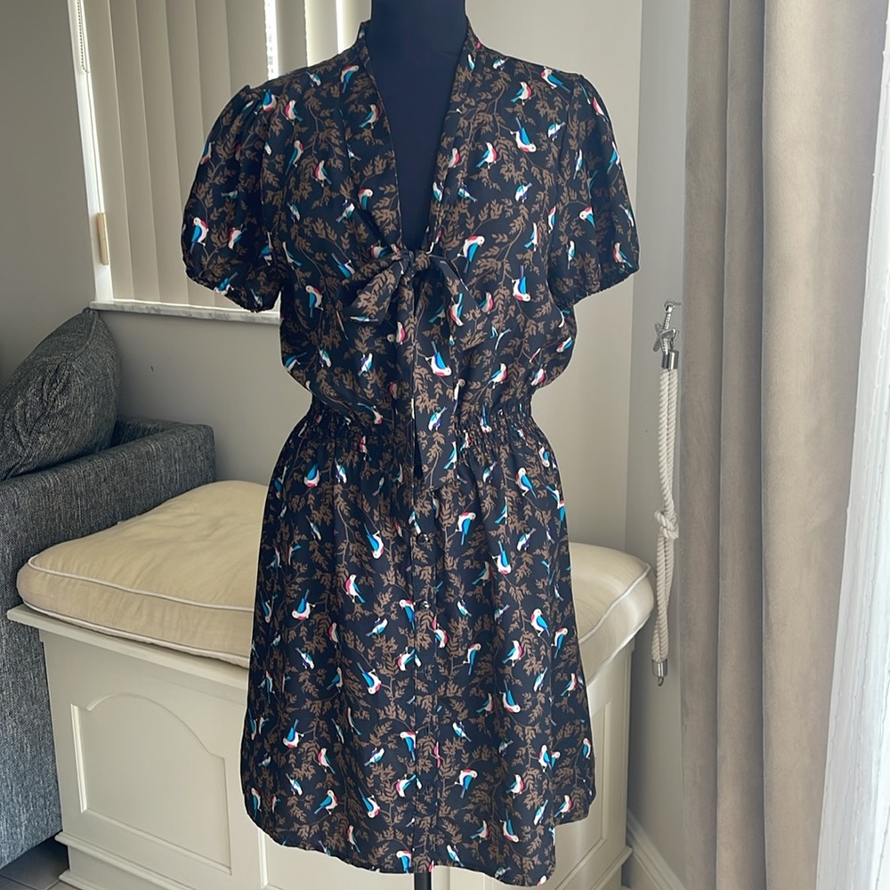 LIVING DOLL bird Sparrow Retro Style Dress Black Print Junior & Women L